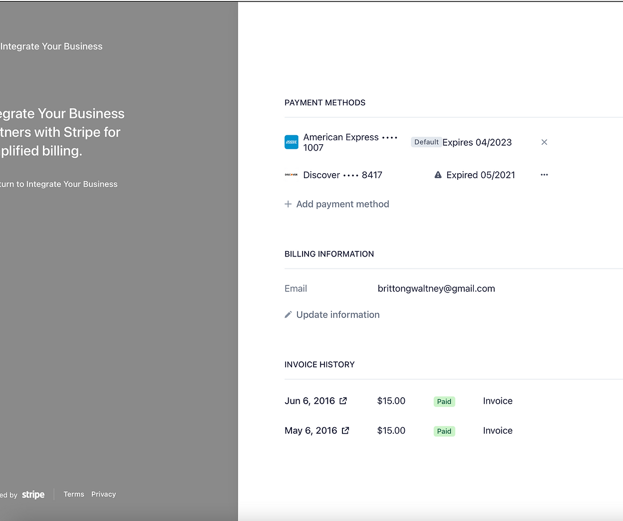 Existing customer billing portal showing account and billing management