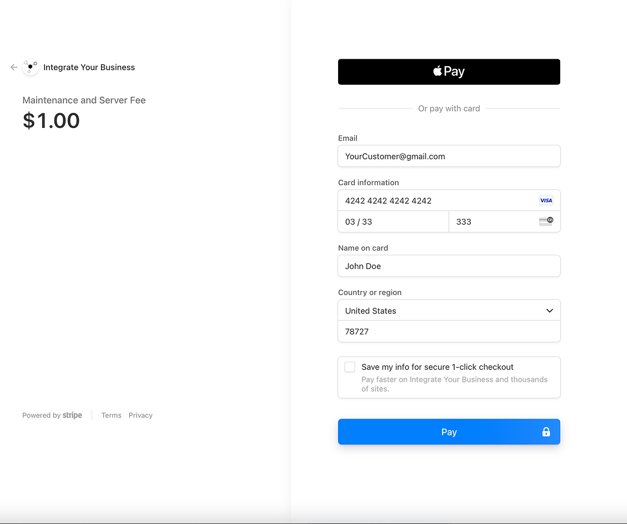 Example Stripe checkout with one-time payment details and card and Apple Pay options